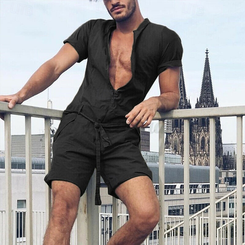 Men's Tracksuit Jumpsuit Jogging Suit One-piece Half Zip Solid Colored Athletic Clothing Set Summer Black Green Gym Workout Jogging Running Soft Breathable Short Sleeve Sport Activewear Regular Fit2