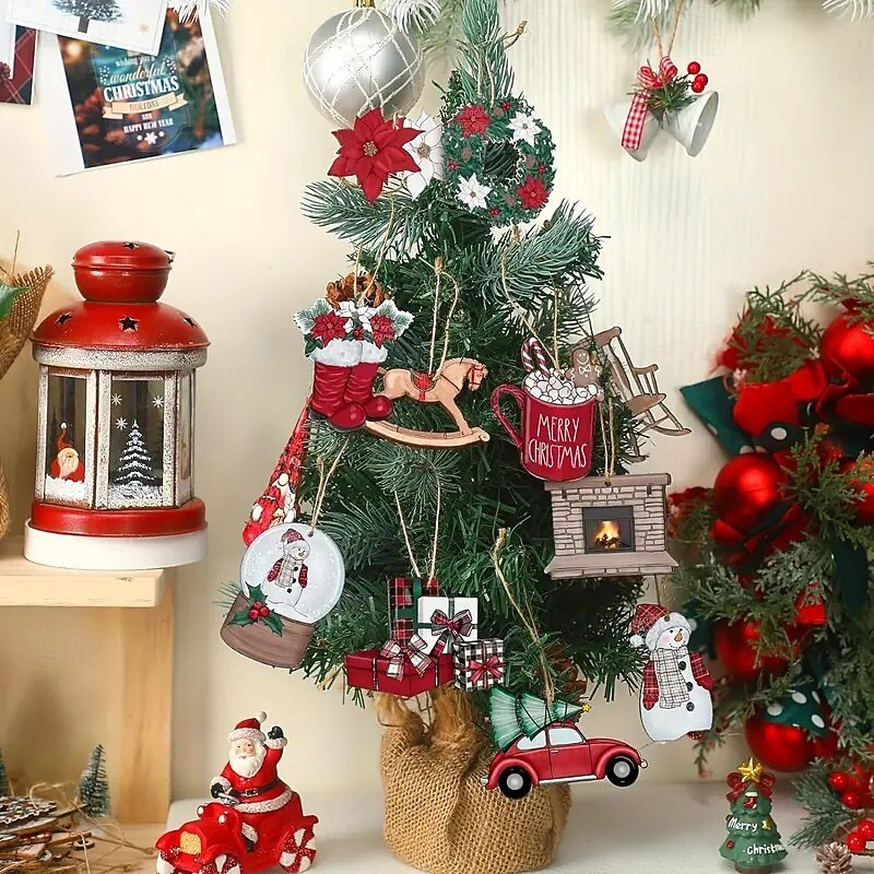 24pcs Christmas Wooden Ornaments, Xmas Tree Pendant Decoration - Vintage Snowman, Gnome, Cactus, Truck, and Wreath Designs with Hanging String for Home and Holiday Party Decor2