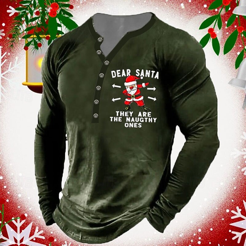 Christmas Men's Santa Claus Henley T Shirt Tee Henley Tee Graphic Santa Claus Henley Black Wine Army Green Navy Blue Gray 3D Print Outdoor Long Sleeve Button-Down Print Clothing Apparel Designer