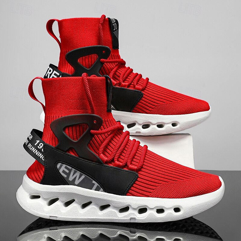 Men's Red High-Top Breathable Athletic Sneakers – Lightweight Knit Running Shoes with Cushioned Sole for Sports & Casual Wear