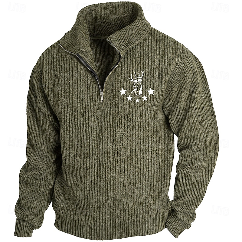 Men's Reindeer Deer Pullover Sweater Jumper Zip Sweater Polo Sweater Zip Collar Retro Vintage Casual Party Evening Wear Street Daily Embroidered Knitting Warm Long Sleeve Fall Winter Army Green Khaki