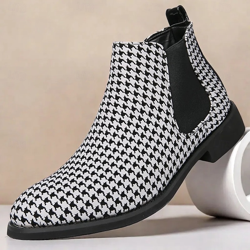 Houndstooth Pattern Men's Chelsea Boots – Classic Slip-On Ankle Boots with Elastic Side Panels for Formal and Casual Occasions