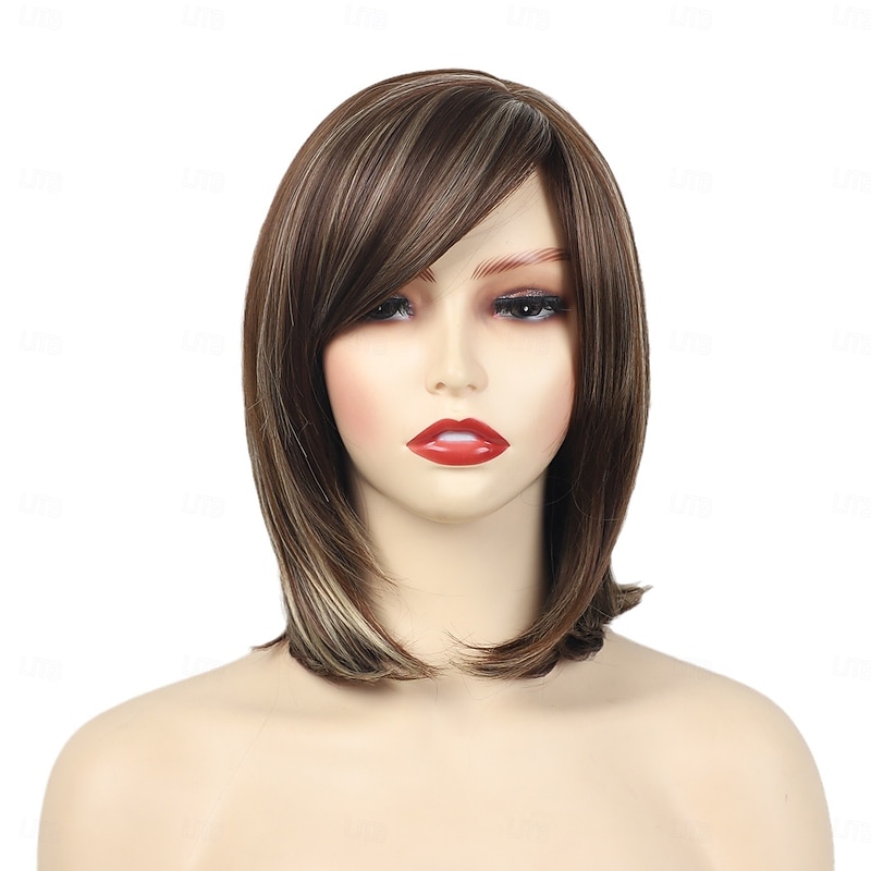 Shoulder Length Dark Brown Straight Bob Wigs Synthetic Medium Length Bob Hair Wig Halloween Costume Wigs for Women