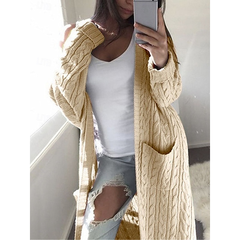 Women's Sweater Cardigan Casual Soft Pure Color Cable Open Front Pocket Knitted Long Sleeve Long Tops Knit Outdoor Daily Weekend White Pink Fall Winter3