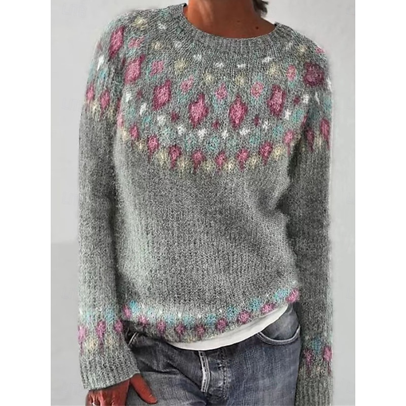 Women's Sweater Pullover Sweater Jumper Casual Soft Floral Graphic Ribbed Crew Neck Knitted Long Sleeve Regular Tops Knit Outdoor Daily Weekend Blue Dark Gray Fall Winter3