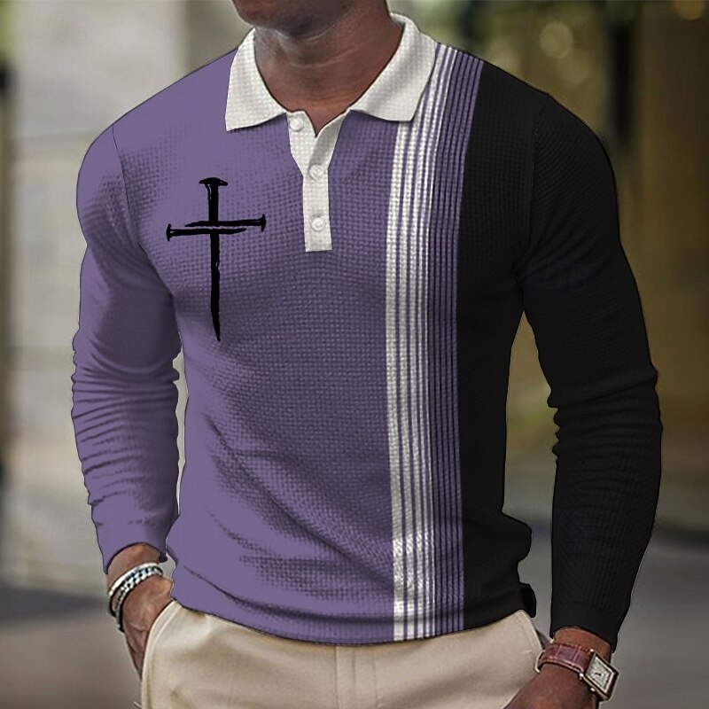 Men's Faith Waffle Polo Shirts Long Sleeve Polo Shirts Collar Vintage Casual Vacation Party Evening Wear Dailywear Buttons 3D Print Spring Fall Winter Black Yellow Blue4