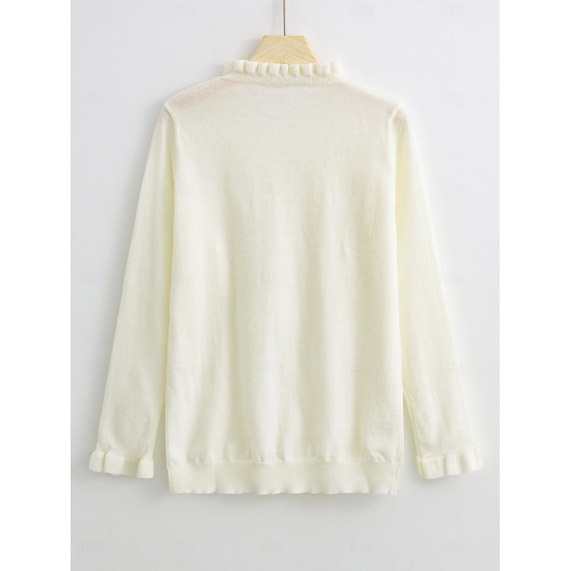 Women's Sweater Elegant Daily Solid Color V Neck Ruffle Long Sleeve Regular Tops Knit Work White Light Blue Fall Winter3
