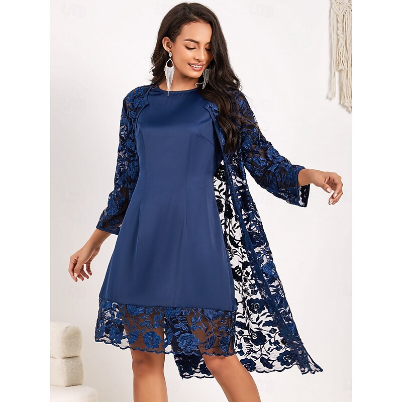 Women's Knee Length Dress Lace Dress Dress With Jacket Elegant Formal Loose Fit Floral 3/4 Length Sleeve Crew Neck Blue Summer Fall3