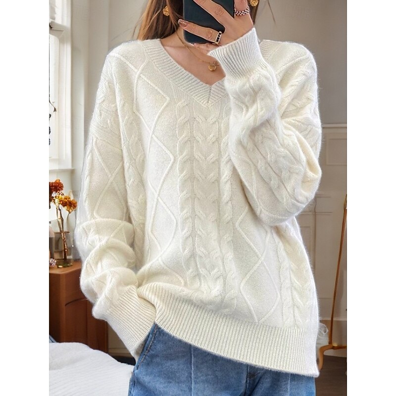 Women's Valentine Pink Sweater Pullover Sweater Jumper V Neck Cable Knit Knitted Drop Shoulder Spring Fall Home Daily Holiday Daily Soft Long Sleeve Argyle Pure Color White Pink3