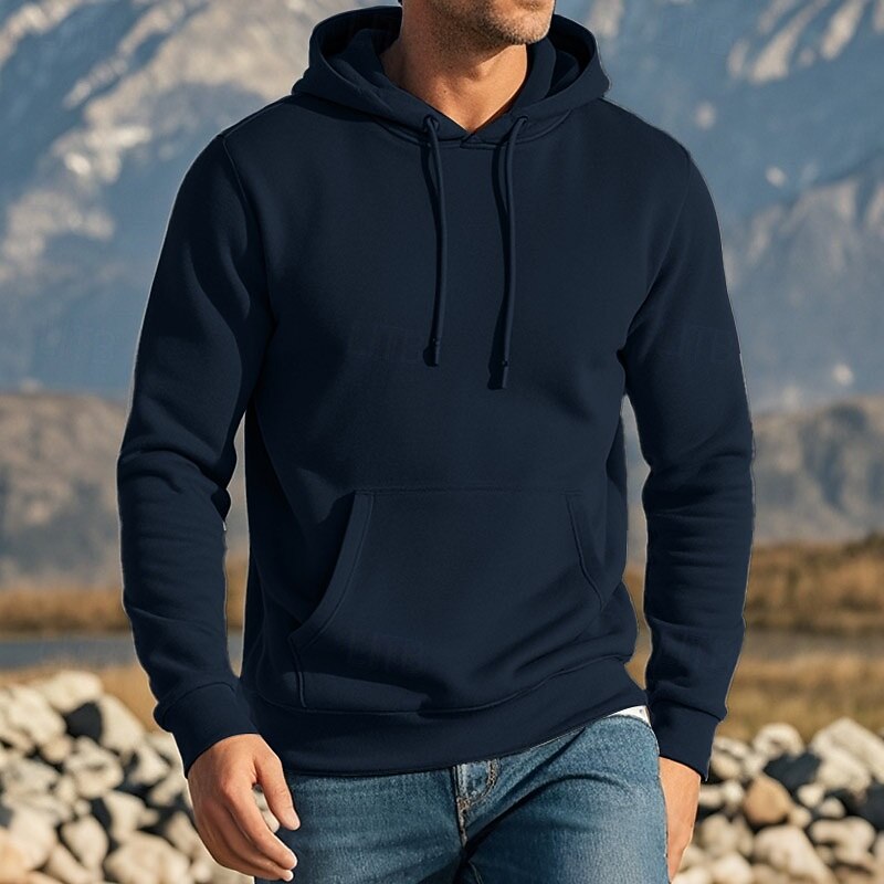 Men's Hoodie Apricot Black Navy Blue Dark Green Dark Gray Hooded Plain Pocket Drawstring Front Pocket Sports & Outdoor Daily Holiday Streetwear Basic Casual Spring &  Fall Clothing Apparel Hoodies2