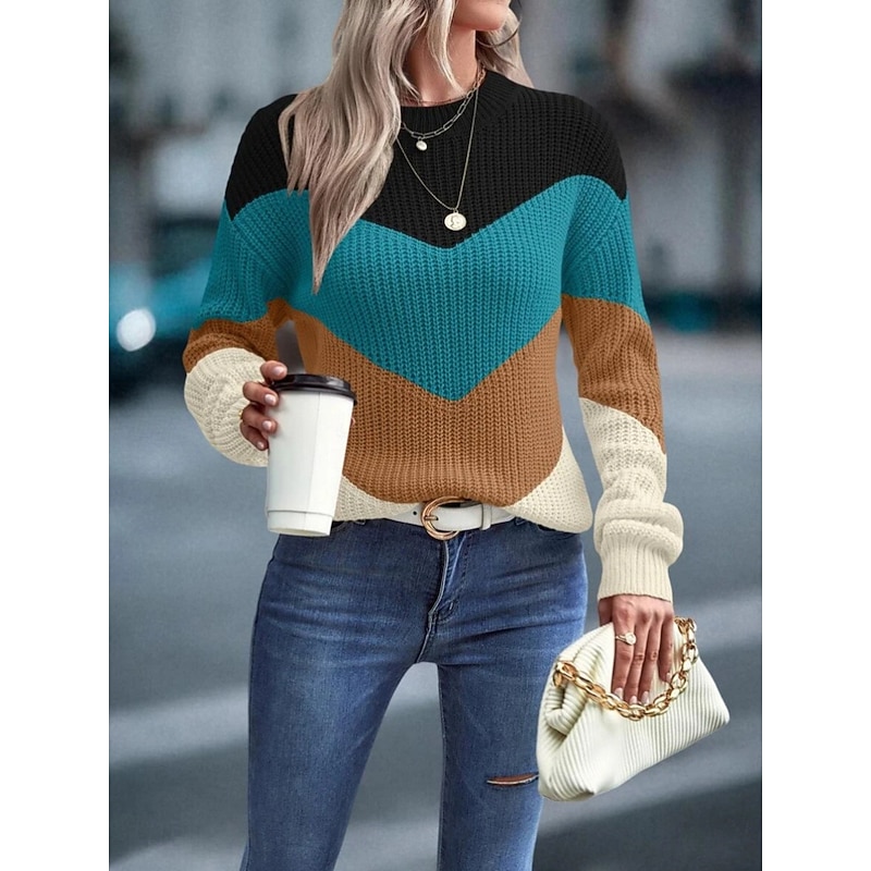 Women's Sweater Pullover Sweater Jumper Casual Soft Color Block Ribbed Crew Neck Knitted Long Sleeve Regular Tops Knit Outdoor Daily Weekend Fuchsia Green Fall Winter4