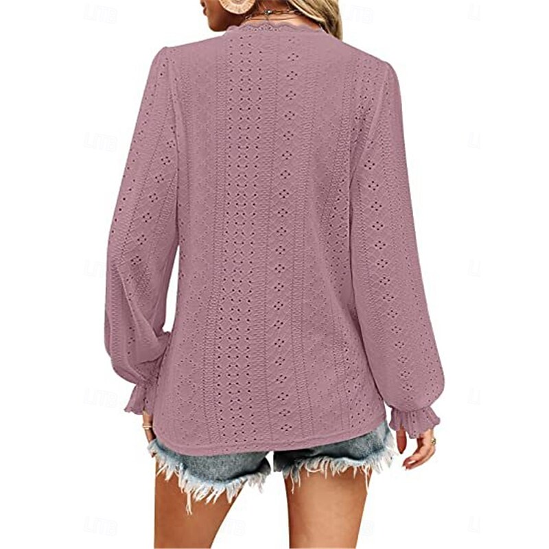 Women's Shirt Blouse Solid Color Basic Casual Long Sleeve V Neck Regular Tops Daily Lace Eyelet Light Green Pink Fall Winter2
