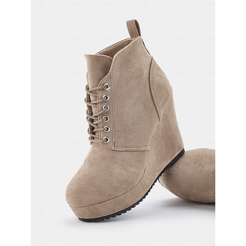 Women's Faux Suede Wedge Ankle Boots with Lace-Up Design - Comfortable Platform Boots for Casual and Everyday Wear2