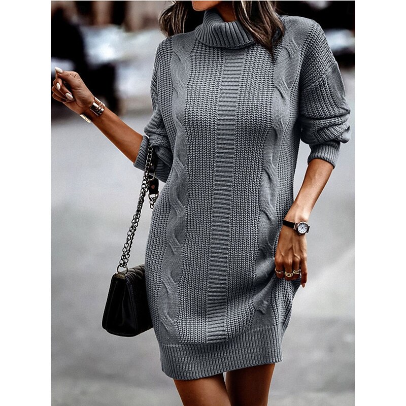 Women's Sweater Dress Casual Soft Pure Color Cable Turtleneck Knitted Long Sleeve Long Tops Knit Outdoor Daily Weekend Pink Khaki Fall Winter3