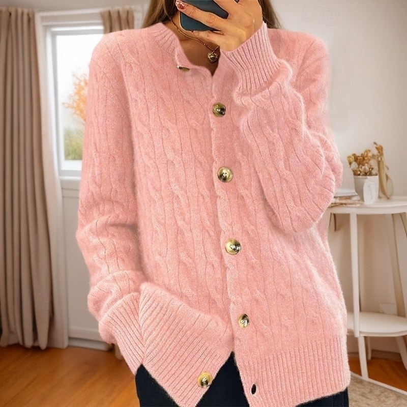 Women's Valentine Pink Sweater Cardigan Sweater Jacket Crew Neck Cable Knit Button Knitted Spring Fall Daily Vintage Daily Soft Long Sleeve Pure Color White Pink2