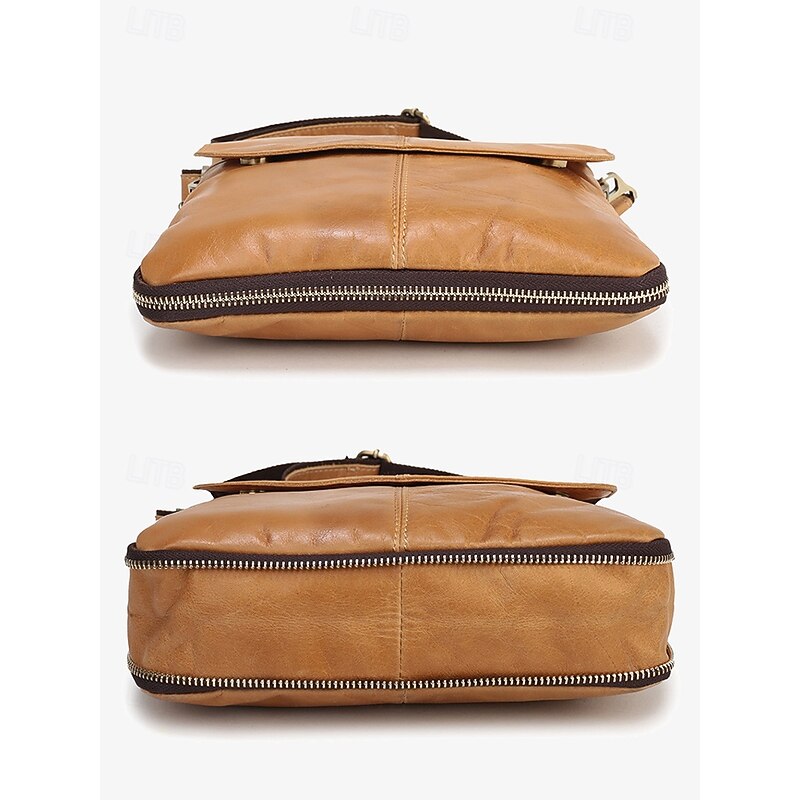 Men's Crossbody Bag Messenger Bag Shoulder Bags Leather Cowhide Office Casual Daily Zipper Multiple pockets Large Capacity Durable Expandable Solid Color Light Brown4
