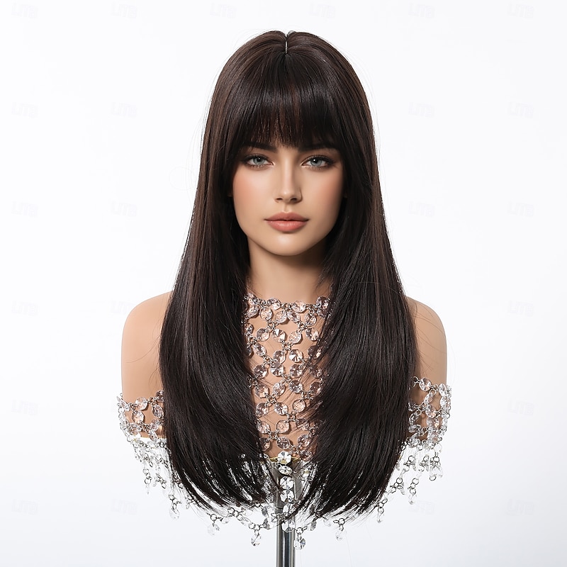 Synthetic Wig Uniforms Career Costumes Princess Straight kinky Straight Middle Part Layered Haircut With Bangs Machine Made Wig 22 inch Dark Brown Synthetic Hair Women's Cosplay Party Fashion Brown