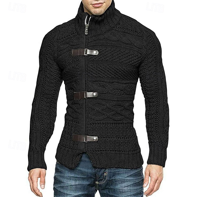 Men's Cardigan Sweater Cropped  Sweater Zip Sweater Knit Sweater Ribbed Knit Regular Plain Stand Collar Fashion Classic Daily Wear Date Clothing Apparel Fall & Winter Black White S M L2