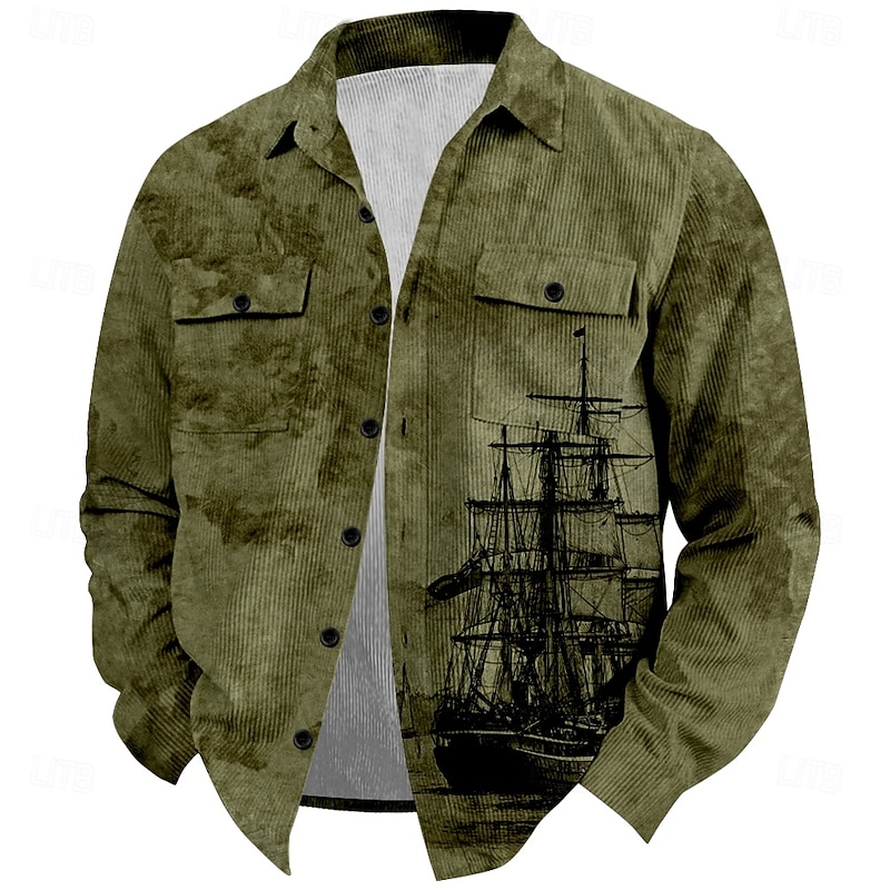 Men's Nautical Corduroy Shirt Shirt Jacket Overshirt Long Sleeve Vintage Tribal Outdoor Dailywear Fall & Winter Turndown Collared Shirts Buttons 3D Print 2 Pockets 1pc White Dark Red Army Green Brown2
