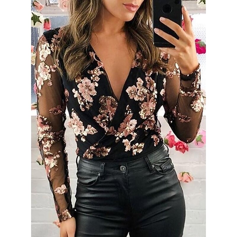 Women's Shirt Blouse Floral Basic Casual Long Sleeve V Neck Regular Tops Vacation Daily Patchwork Print Black Fall Winter