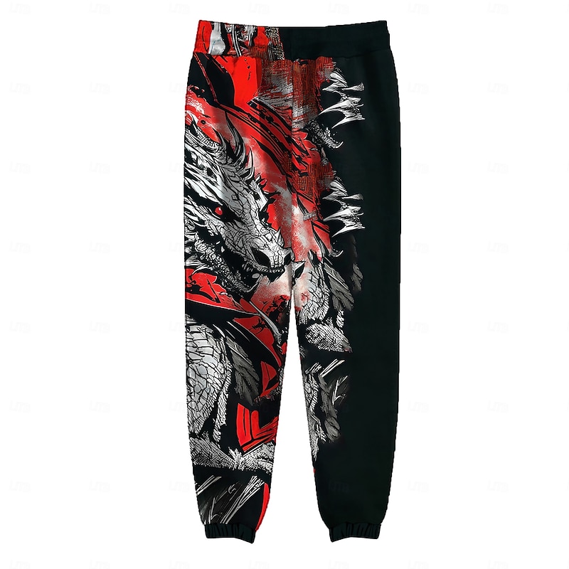 Men's Dragon Fleece Sweatpants Drawstring Elastic Waist Casual Dark Outdoor Home Party Evening Wear Pocket Thermal Winter 3D Print Red2