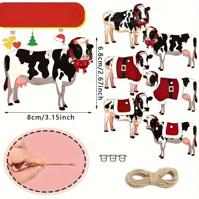 24pcs Christmas Wooden Ornaments, Adorable Cow and Mouse Decorations for Festive Trees, Perfect for Farmhouse Style Home Decor3