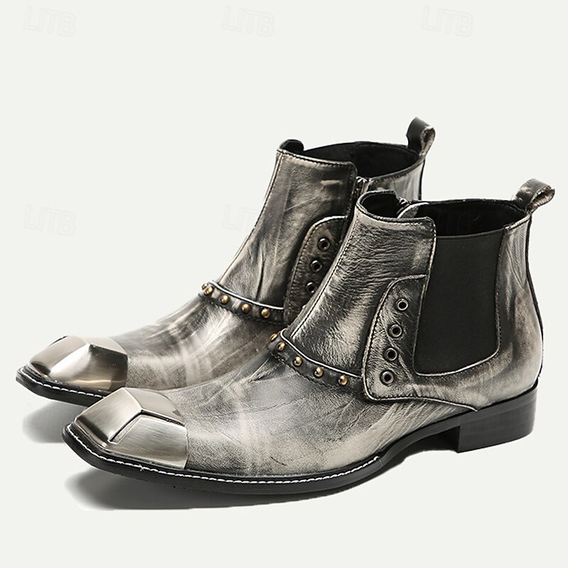 Men's Metallic Silver Leather Chelsea Motorcycle Boots – Pointed Toe Ankle Boots with Studded Detailing and Metal Toe Cap2