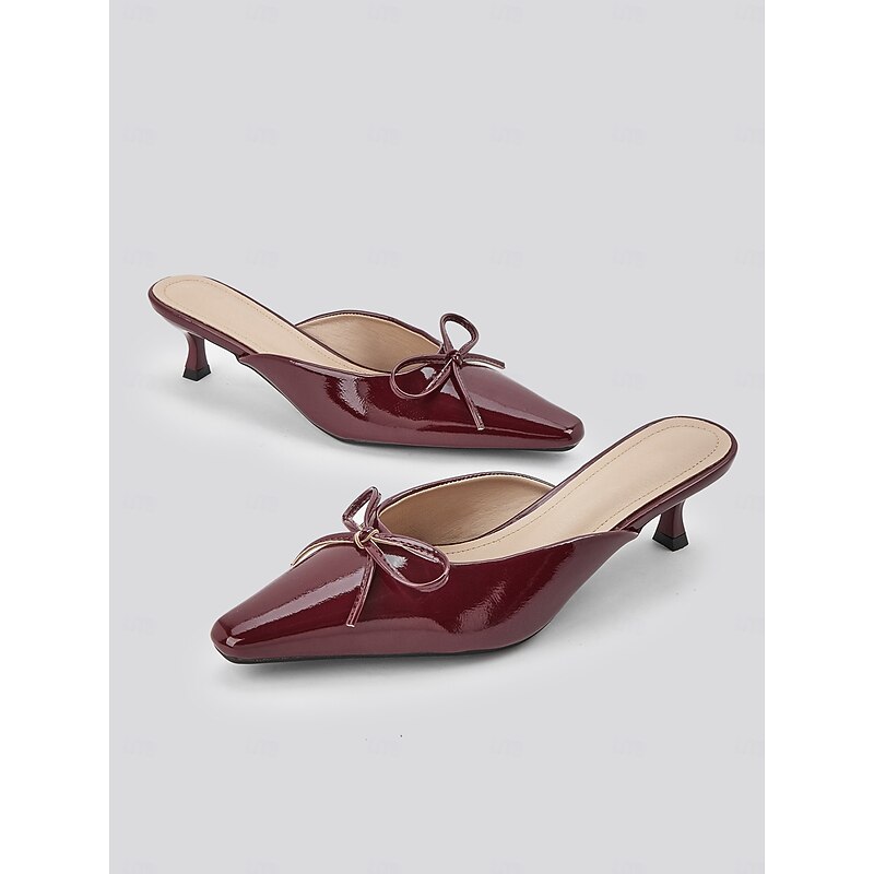 Women's Burgundy Patent Faux Leather Mules with Bow Detail - Chic Slip-On Heels with Pointed Toe for Elegant Outfits