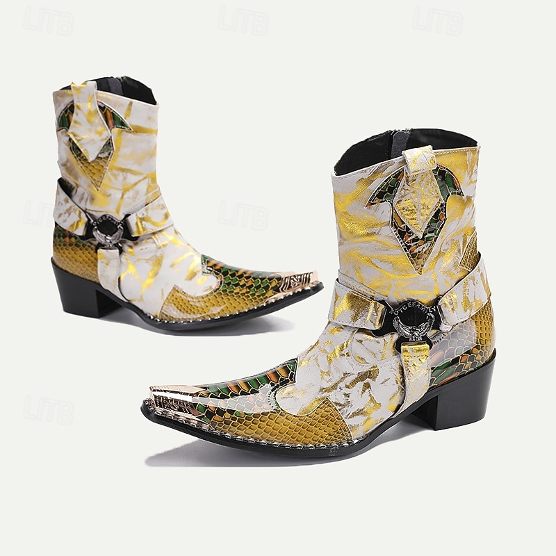 Men's Gold Snakeskin Leather Motorcycle Boots – Western Style Pointed Toe Ankle Boots with Buckle Straps and Bold Metallic Accents4