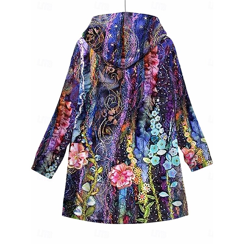 Women's Fleece Jacket Teddy Coat Hoodie Jacket Warm Breathable Zipper Pocket Fleece Lined Casual Floral Vacation Street Daily Wear Going out Zipper Long Hoodie Loose Fit Long Sleeve Outerwear Purple2