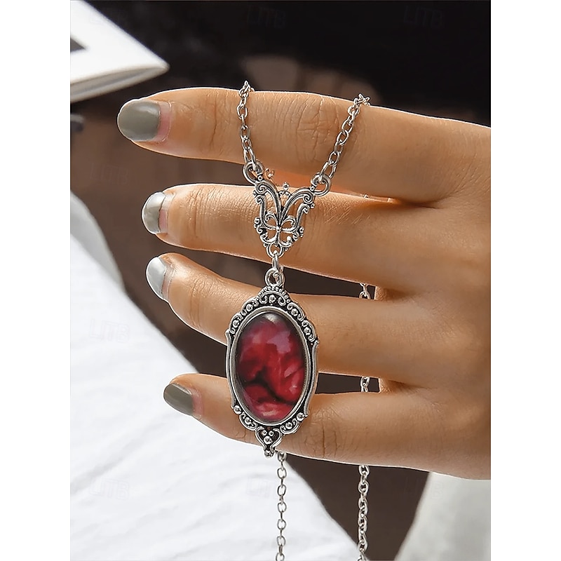 Women's Vintage Red Gemstone Pendant Necklace – Elegant Antique Design for Formal Events and Daily Wear3