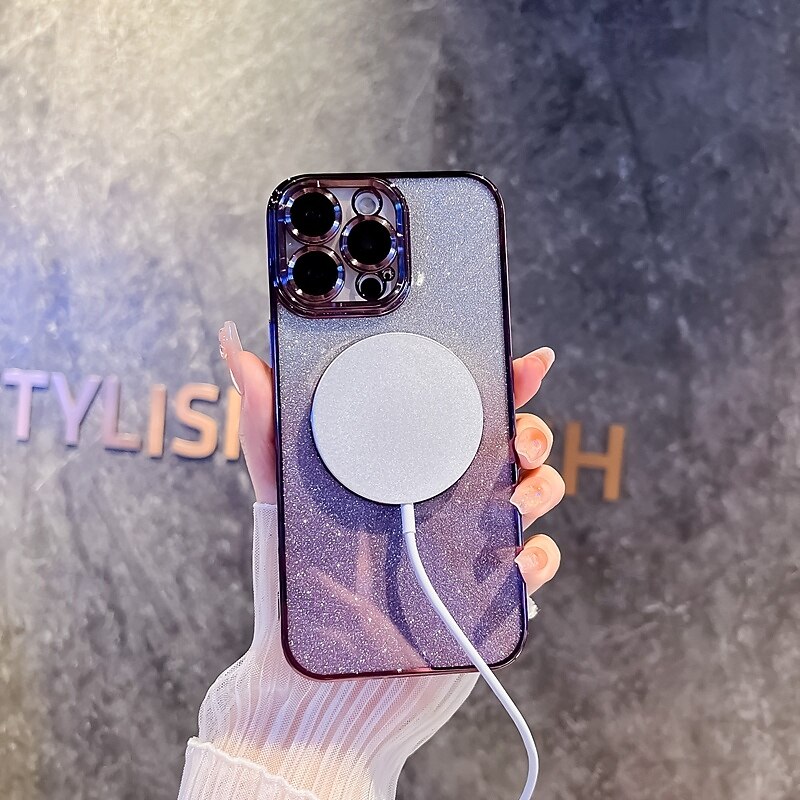 Phone Case For iPhone 16 15 14 Pro Max Plus 13 12 Pro Max Back Cover Magnetic Support Wireless Charging Bling Glitter Shiny Retro TPU Plating PC4