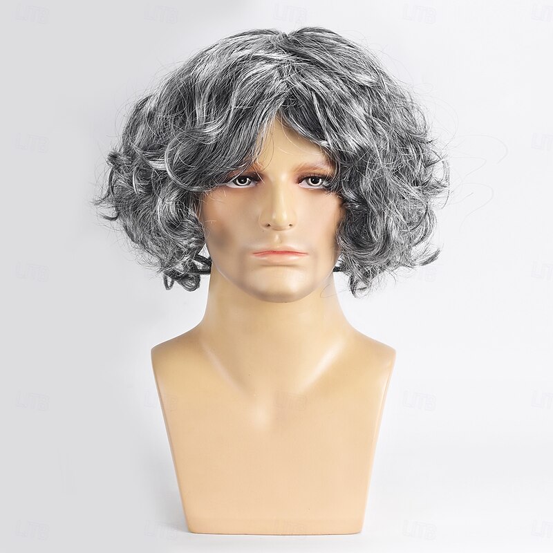 Synthetic Wig Curly With Bangs Machine Made Wig Short Grey Synthetic Hair Men's Gray Halloween Wigs