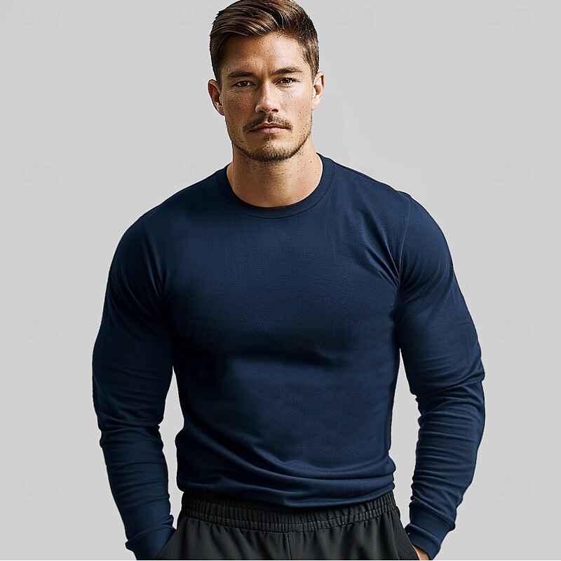 Men's Cotton T shirt Tee Crew Neck Training Outdoor Long Sleeve Crewneck Clothing Apparel Warm Active Vacation Neutral