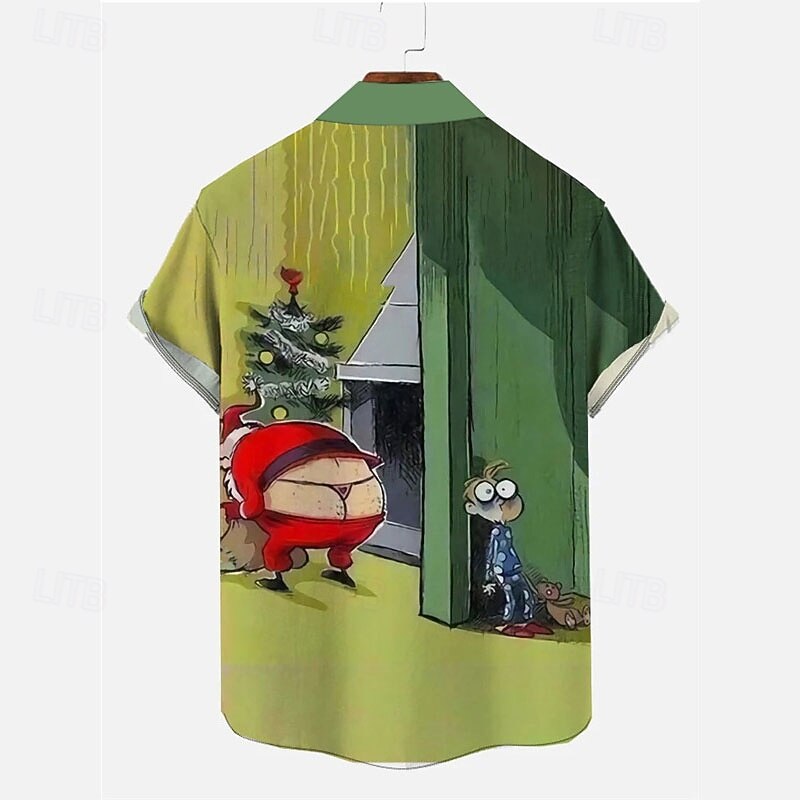 Christmas Men's Funny Christmas Printed Shirts Shirts Santa Claus Artistic Casual Outdoor Street Fall Turndown Short Sleeve White Green S M L2