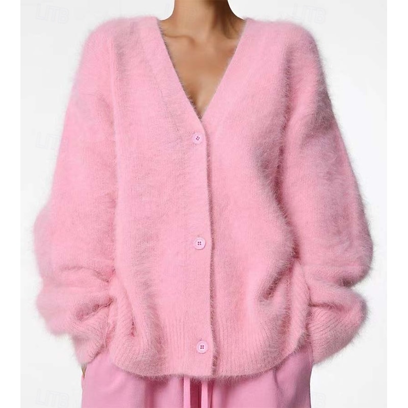 Women's  Oversized Cardigan Fuzzy V Neck Knit Fall Winter Work Weekend Elegant Fashion Streetwear Long Sleeve Solid Color Pink Light Grey