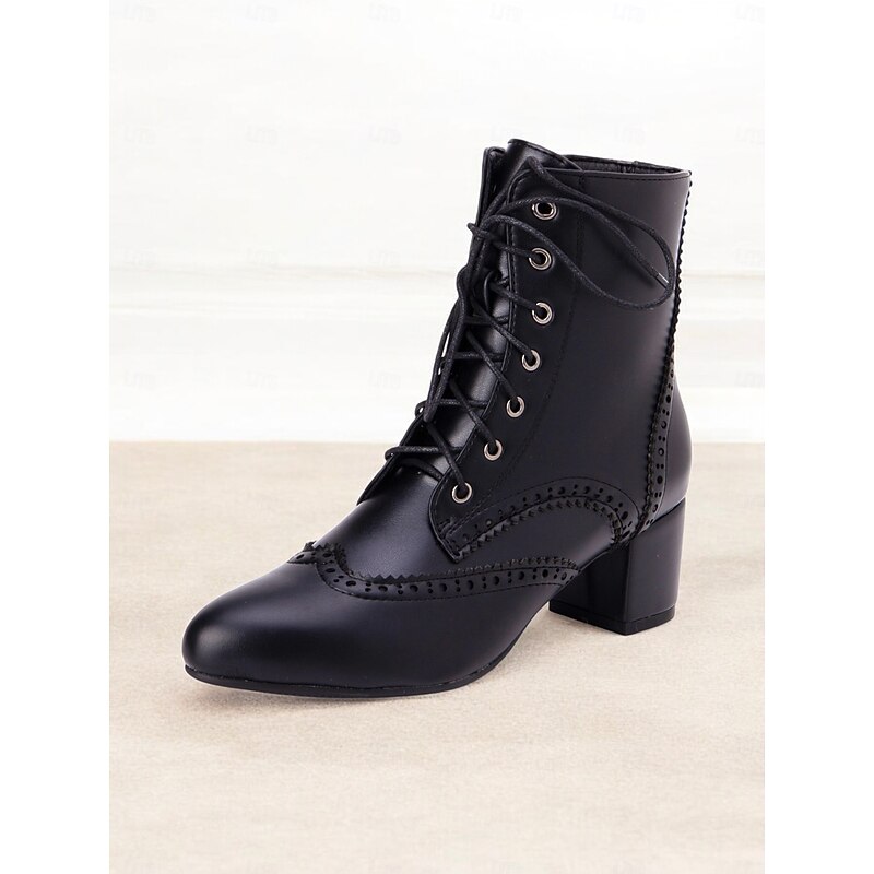 Women's Black Lace-Up Ankle Boots with Brogue Detailing and Block Heel – Vintage-Inspired Combat Boots for Everyday and Formal Outfits4