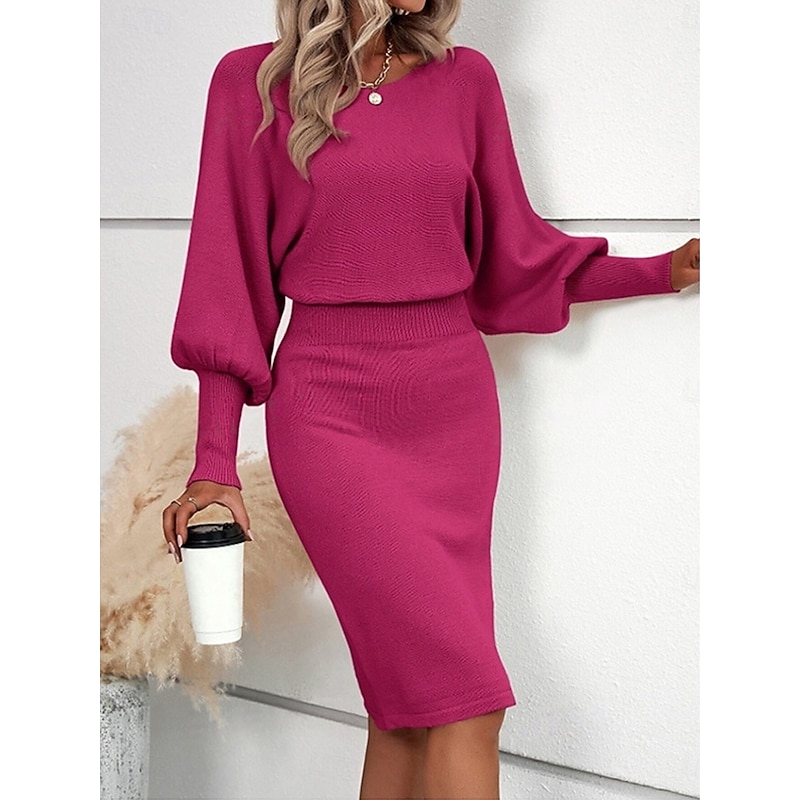 Women's Sweater Dress Casual Soft Pure Color Ribbed Crew Neck Knitted Long Sleeve Long Tops Knit Outdoor Daily Weekend Black Fuchsia Fall Winter