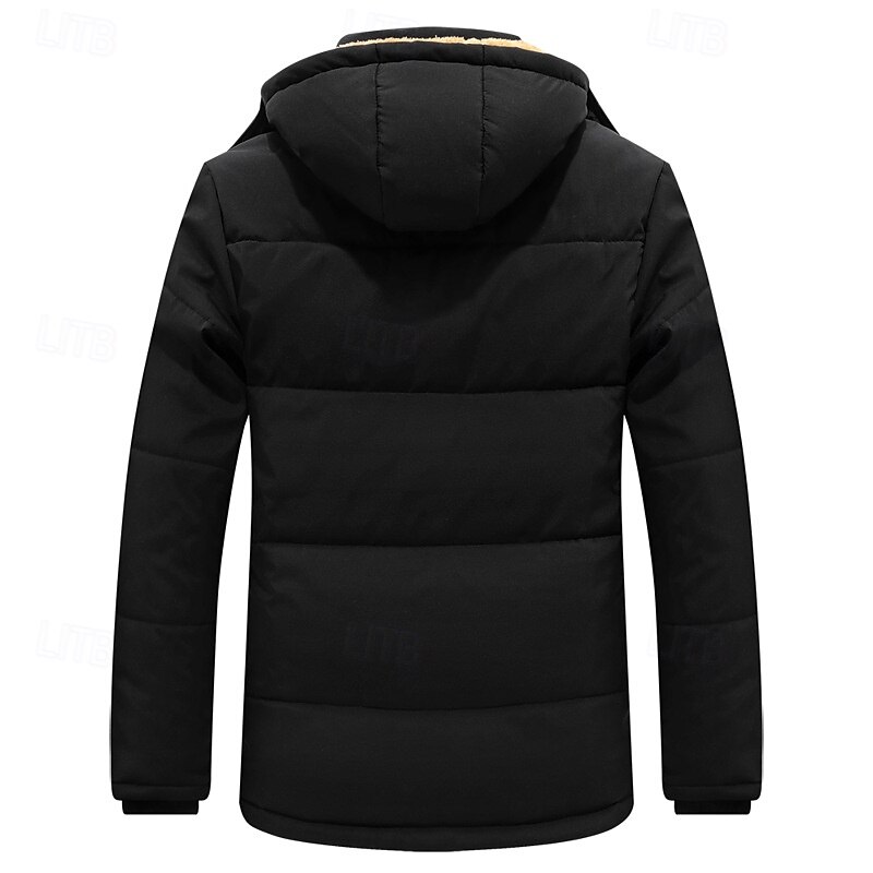 Men's Winter Coat Parka Pocket Polyster Fleece lined Vacation Daily Wear Date Regular Fashion Casual Comfortable Thermal Warm Fall & Winter Solid / Plain Color Black Puffer Jacket2