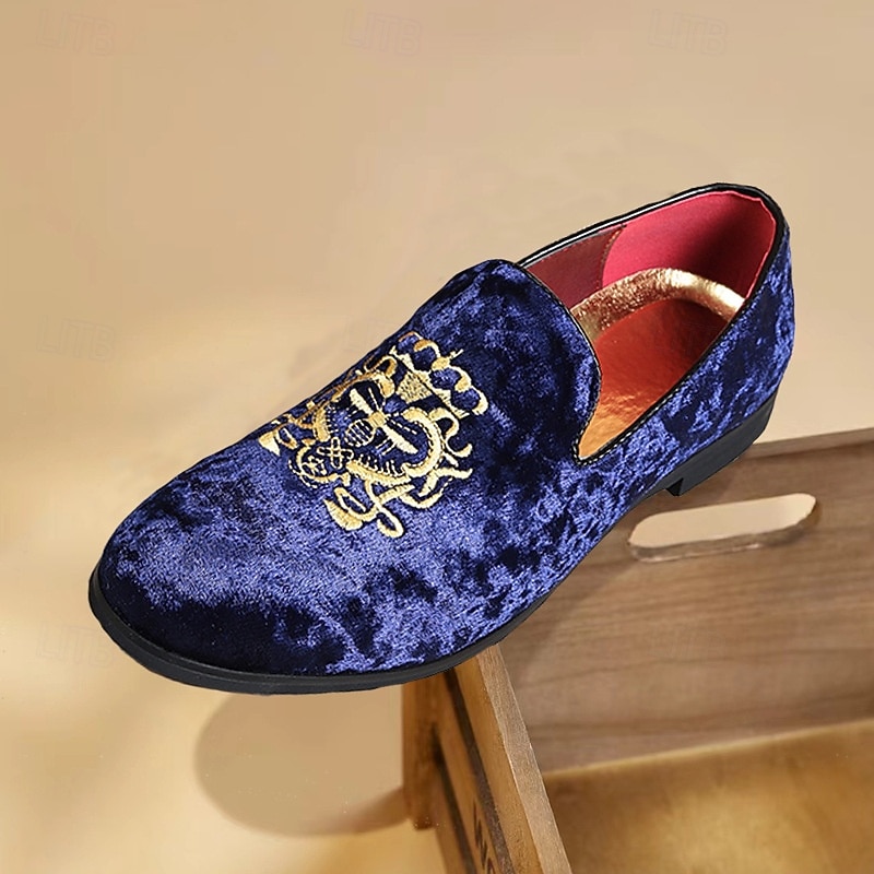 Men's Navy Blue Velvet Loafers with Gold Embroidery - Elegant Slip-On Shoes for Formal Events & Parties4