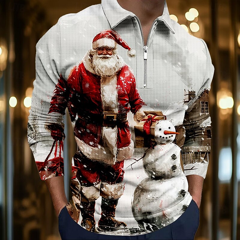 Christmas Men's Santa Claus 3D Zipper Polo Santa Claus Casual Resort Zip Long Sleeve Party Evening Vacation Spring Fall Winter Zipper 3D Print Collar White Beige Inelastic Polyester2