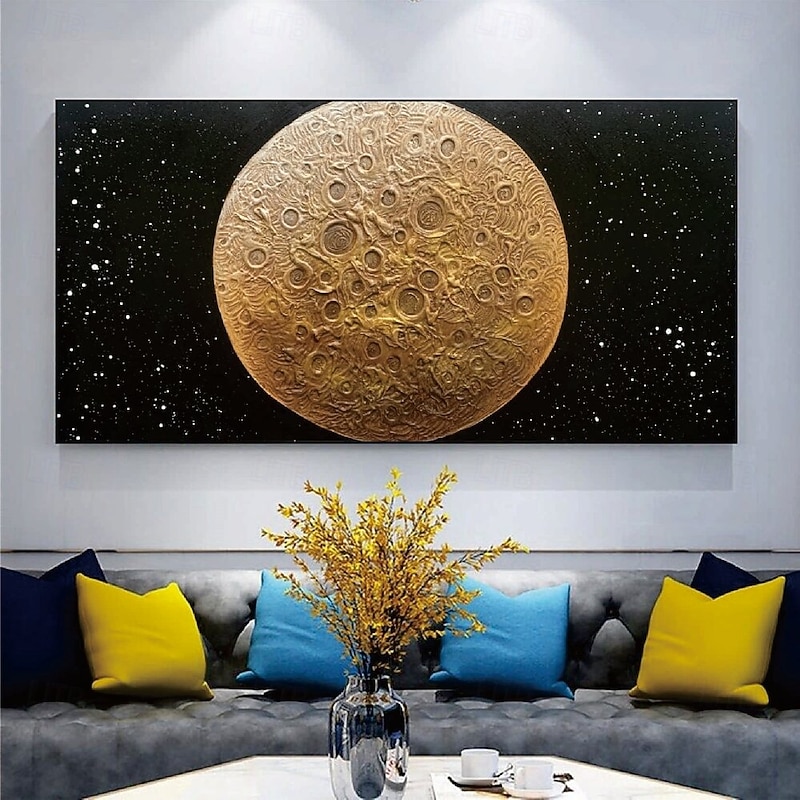 Moon oil painting Hand painted Yellow Black Textured Painting 3D handmade Abstract Moonlight Wall Art painting Large Minimalist black  textured Painting for Living Room bedroom Wall Decor Abstract Art3