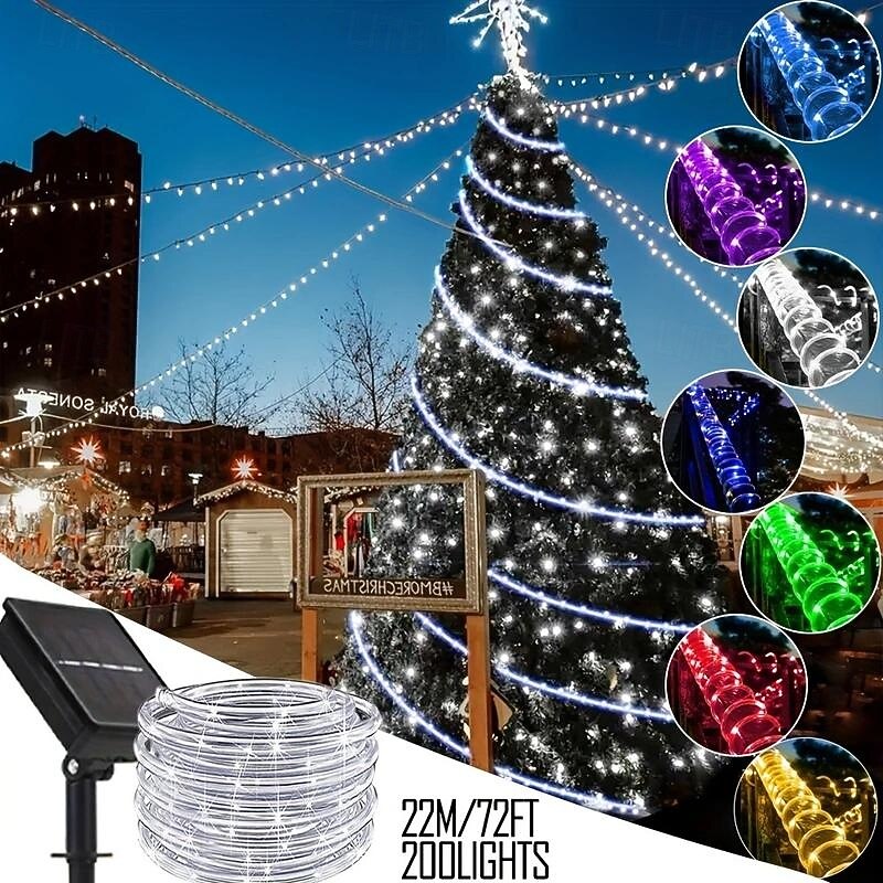 22M 200 Leds Outdoor waterproof solar tube light string, Christmas, New Year, holiday, wedding, courtyard fence, steps, balcony atmosphere decoration light string