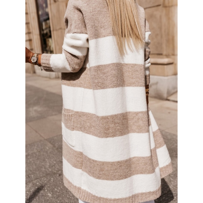 Women's Sweater Cardigan Casual Soft Striped Ribbed Open Front Pocket Knitted Long Sleeve Regular Tops Knit Outdoor Daily Weekend Blue Khaki Fall Winter2