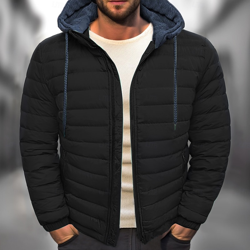 Men's Winter Coat Puffer Jacket Quilted Jacket Transition Jacket Pocket Hooded Office & Career Date Casual Daily Warm Winter Color Block Black Red Navy Blue Blue Puffer Jacket3