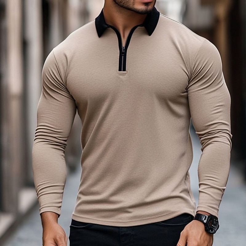 Men's Quarter Zip Polo Golf Shirt Vacation Casual Daily Quarter Zip Long Sleeve Fashion Basic Color Block Front Zipper Spring &  Fall Regular Fit Black White Burgundy Navy Blue Khaki Army Green
