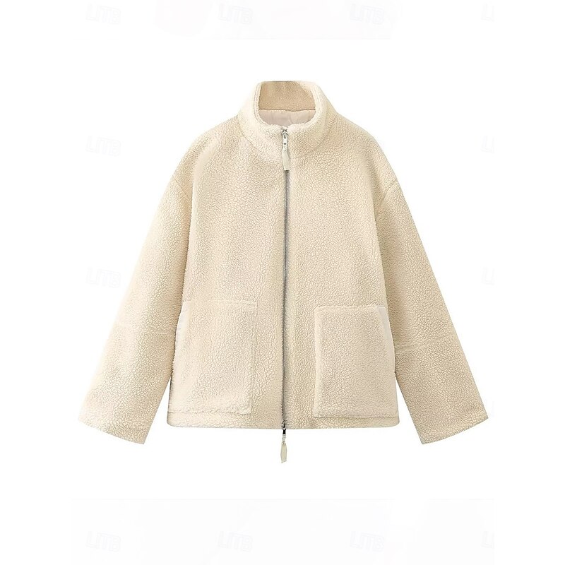 Women's Fleece Jacket Warm Breathable Patchwork Zipper Pocket Casual Plain Vacation Street Daily Wear Going out Zipper Regular Turndown Regular Fit Long Sleeve Outerwear Beige Coffee Fall Winter4