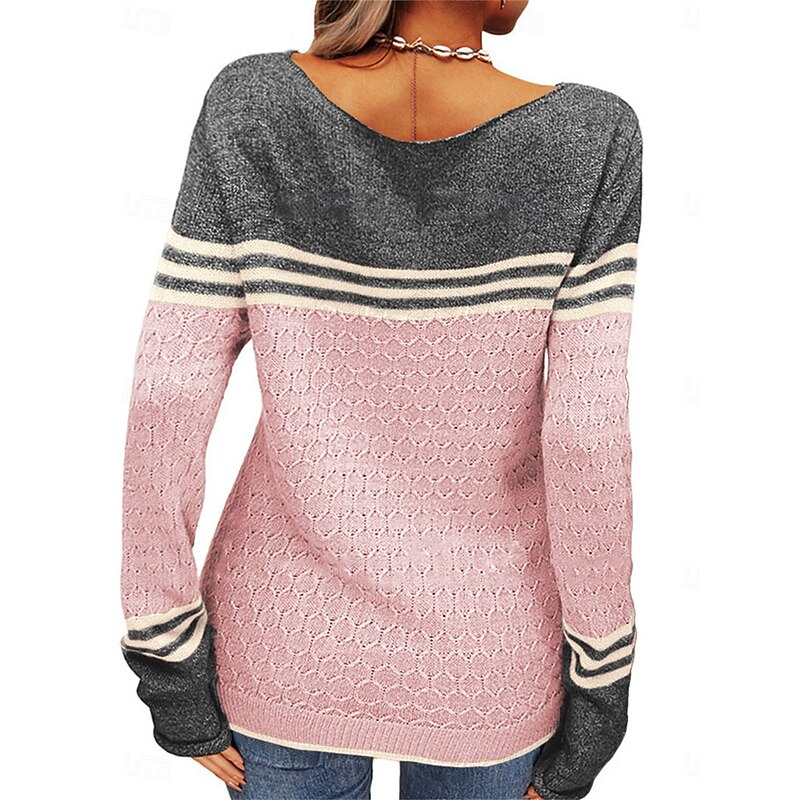 Women's Sweater Pullover Sweater Jumper Casual Soft Striped Ribbed Crew Neck Patchwork Knitted Long Sleeve Regular Tops Knit Outdoor Daily Weekend Pink Orange Fall Winter2