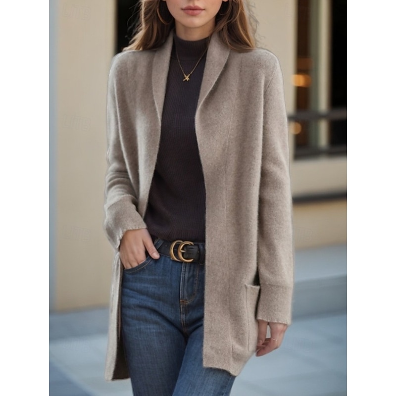 Women's Sweater Cardigan Sweater Jacket Shirt Collar Knit Pocket Knitted Spring Fall Home Daily Weekend Daily Casual Soft Long Sleeve Pure Color Black Camel