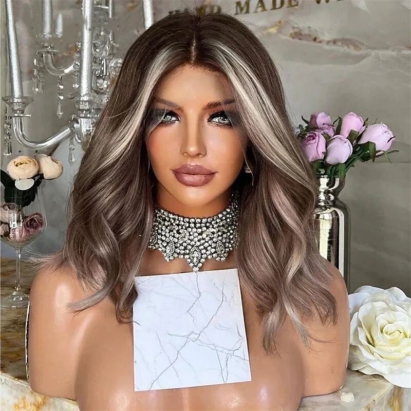 Remy Human Hair 5x5 Closure 13x4 Lace Front Wig Short Bob Brazilian Hair Wavy Blonde Multi-color Wig 130% 150% Density with Baby Hair Highlighted / Balayage Hair Glueless Pre-Plucked For Women Short3